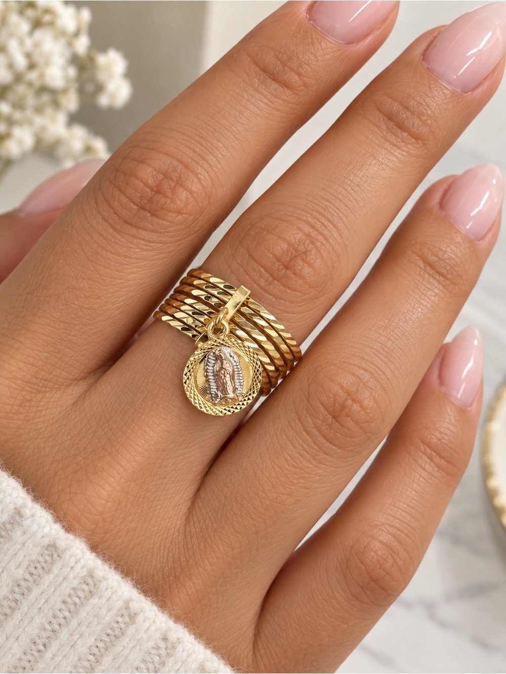 14k Gold Filled Multi-Band Charm Ring with Virgin Mary Religious Medallion